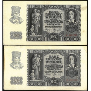 zestaw dwóch takich samych banknotów: 20 złotych, 1 marca 1940