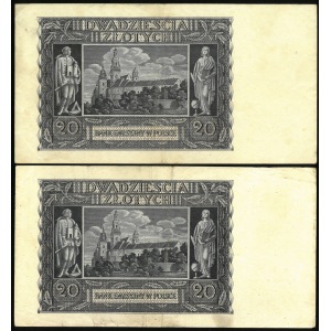 zestaw dwóch takich samych banknotów: 20 złotych, 1 marca 1940