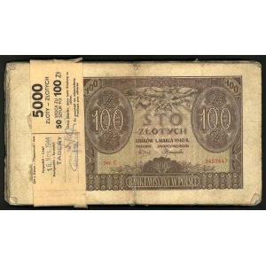 paczka 45 szt. banknotów 100 zł, 1 marca 1940 w oryginalnej banderoli z datą 16 Nov. 1944