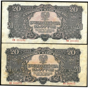 zestaw dwóch takich samych banknotów: 20 złotych, 1944 (…obowiązkowe)