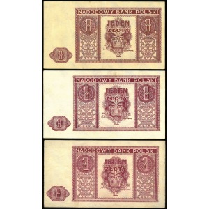 zestaw trzech takich samych banknotów: 1 złoty, 15 maja 1946