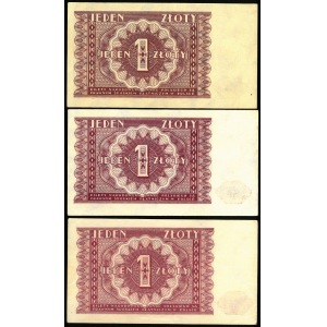 zestaw trzech takich samych banknotów: 1 złoty, 15 maja 1946