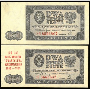 zestaw dwóch banknotów: 2 złote, 1 lipca 1948 oraz drugi egz. z nadrukiem 120 lat WTN