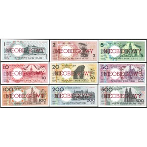 MIASTA POLSKIE, kompletny zestaw dziewięciu banknotów 1, 2, 5, 10, 20, 50, 100, 200, 500 złotych emisji 1 marca 1990 , NIEOBIEGOWY