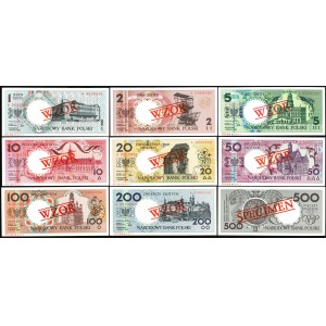 MIASTA POLSKIE, kompletny zestaw dziewięciu banknotów 1, 2, 5, 10, 20, 50, 100, 200, 500 złotych emisji 1 marca 1990, WZÓR (nr 0071)