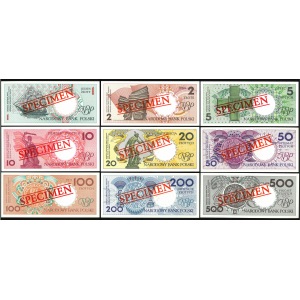 MIASTA POLSKIE, kompletny zestaw dziewięciu banknotów 1, 2, 5, 10, 20, 50, 100, 200, 500 złotych emisji 1 marca 1990, WZÓR (nr 0071)