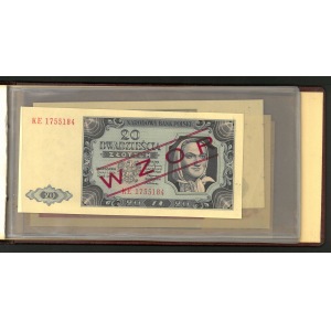 karnet, wzory banknotów polskich emisji 1948 i 1965: 20, 50, 100, 500, 1 lipca 1948 oraz 1000 zł emisji 29 października 1965 (banknoty obiegowe z jednostronnym napisem WZÓR)