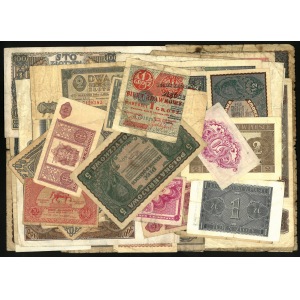 zestaw 86 sztuk banknotów polskich z lat 1916 do 1948, przeważnie w słabym stanie zachowania