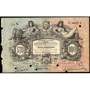 Lwów. 100 koron ważny do 30 października 1915, uszkodzony, brak prawego szerokiego marginesu