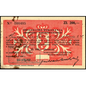 200 zł, 1944, świadectwo wykonania obowiązku kontrybucyjnego