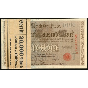 PRUSY, paczka banknotów (zamiast 20, jest 21szt.)100 marek 21 kwietnia 1910 w oryginalnej banderoli, kilka banknotów ze śladami zacieku, minimalnie ślady użytkowania