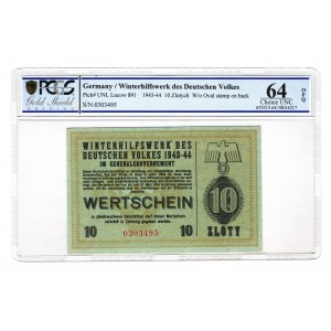 Germany - Third Reich Poland Winterhilfswerk 10 Zlotych 1943 - 1944 PCGS 64 OPQ