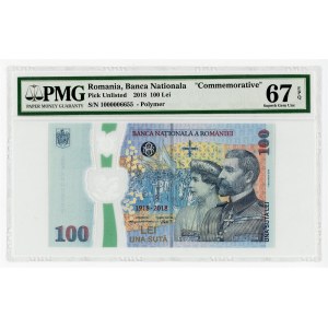 Romania 100 Lei 2018 PMG 67 EPQ Fancy Number