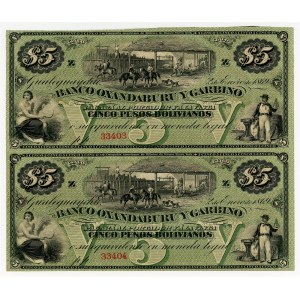 Argentina 2 x 5 Bolivian Pesos 1869 Uncutted Sheet of Notes