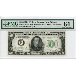 United States Atlanta 500 Dollars 1934 F PMG 64