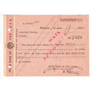 Russia - USSR Moskow Kaunas Cheque 1937
