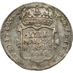 Denmark 4 Mark 1684 GS Christian V (1670-1699). Obverse: Crowned double King's monogram. Lettering: 5CC5. Reverse...