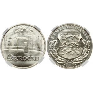 Estonia 2 Krooni 1930 Toompea Fortress. Obverse: Three lions within shield, wreath surrounds, date below. Lettering...
