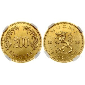 Finland 200 Markkaa 1926 S Obverse: Rampant lion left divides date; legend. Lettering: SUOMI 19 26 S FINLAND. Reverse...