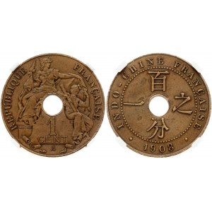 French Indochina 1 Centime 1908A ESSAI PIEFORT. Obverse: Lettering and denomination around allegorical figures...