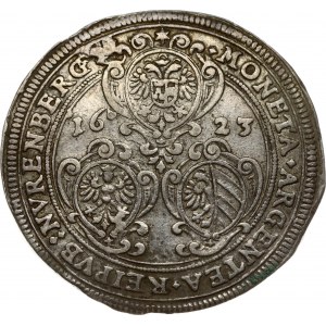 Germany Nürnberg 1 Thaler 1623 Obverse: 3 Ornate rounded shields; upper shield is imperial eagle; divided date above...