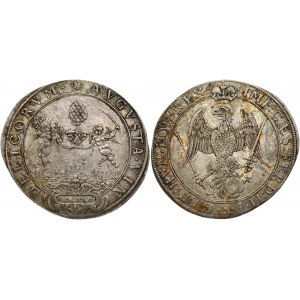 Germany AUGSBURG 1 Thaler MDCXXIV (1624). Obverse: Large pine cone held by 2 angels above city view...