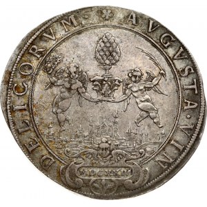 Germany AUGSBURG 1 Thaler MDCXXIV (1624). Obverse: Large pine cone held by 2 angels above city view...