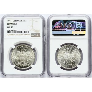 Germany Hamburg 3 Mark 1911 J. Obverse: Three tower castle on helmeted shield with supporters. Lettering...