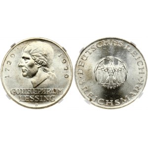Germany Weimar Republic 3 Reichsmark 1929D 200th Anniversary Birth of Gotthold Lessing. Obverse: Small eagle...