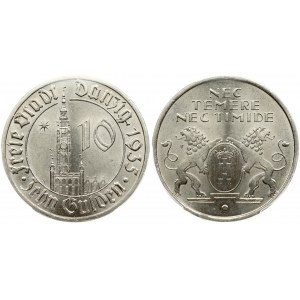 Germany Danzig 10 Gulden 1935 Obverse: Town hall tower; numeric denomination at right; circle surrounds...