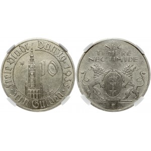 Germany Danzig 10 Gulden 1935. Obverse: Town hall tower; numeric denomination at right; circle surrounds...