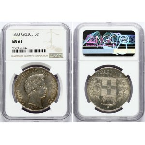 Greece 5 Drachmai 1833 Otto (1832-1862). Obverse: Portrait of young King Othon head right. Lettering...