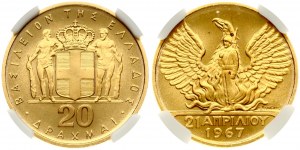 Greece 20 Drachmai (1970) National Revolution. Constantine II (1964-1973). Obverse: Crowned shield with supporters...