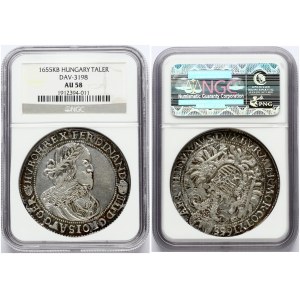 Hungary 1 Thaler 1655KB Ferdinand III (1637-1657). Obverse: Laurate bust facing right with wide curls...