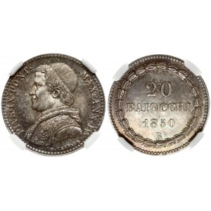 Italy Papal States 20 Baiocchi 1850R Pius IX (1846-1870). Obverse: Capped bust to left. Lettering...