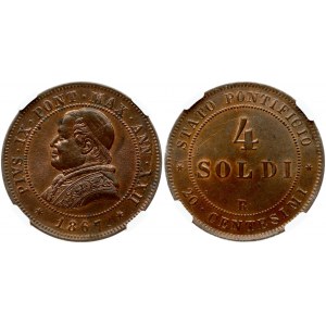 Italy PAPAL STATES 4 Soldi 1867-XXIIR Pius IX (1846-1870). Obverse: Bust left within beaded circle. Obverse Legend...