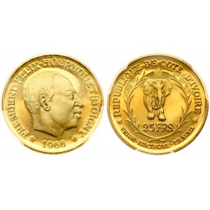 Ivory Coast 25 Francs 1966 Obverse: Head right. Reverse: Elephant and value within wreath. Gold 8.0g. KM 3...