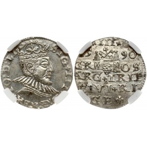 Latvia 3 Groszy 1590 Riga. Sigismund III Vasa(1587-1632). Obverse: Crowned bust facing right with a longer...