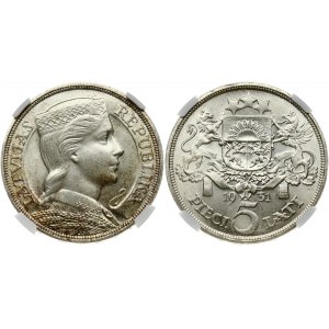 Latvia 5 Lati 1931 Obverse: Maiden's head facing right in stylized folk costume; including headdress...