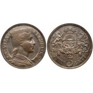 Latvia 5 Lati 1932 Obverse: Crowned head right. Reverse: Arms with supporters above value. Edge Description: DIEVS **...