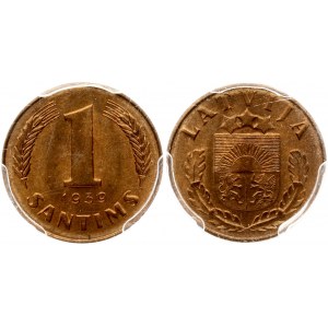 Latvia 1 Santims 1939 Obverse: Lesser Version of Coat of Arms above two oak branches. Lettering: LATVIJA. Reverse...
