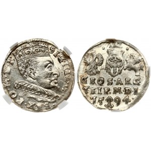 Lithuania 3 Groszy 1594 Vilnius. Sigismund III Vasa (1587-1632) Obverse: Crowned bust facing right with a longer...