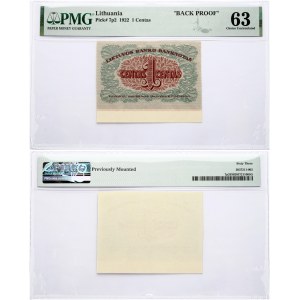 Lithuania 1 Centas 1922 Banknote 'BACK PROOF'. Reverse Lettering...