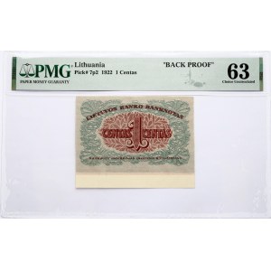 Lithuania 1 Centas 1922 Banknote 'BACK PROOF'. Reverse Lettering...