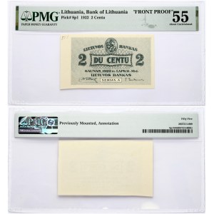 Lithuania 2 Centu 1922 Banknote 'FRONT PROOF'. Obverse Lettering: LIETUVOS BANKAS 2 2 DU CENTU KAUNAS 1922 m. LAPKR...