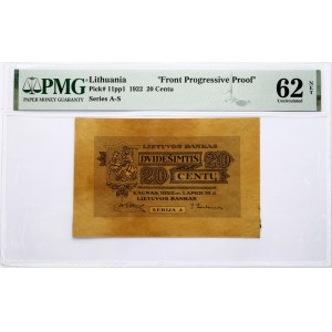 Lithuania 20 Centu 1922 Banknote 'Front Progressive Proof'. Obverse Lettering...