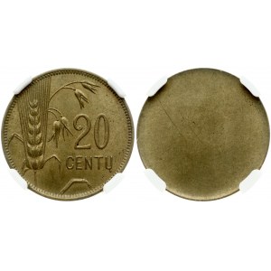 Lithuania 20 Centų 1925 Reverse Trial strike. Reverse: Value to right of sagging grain ears. Lettering: 20 CENTŲ. Edge...