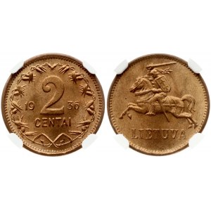 Lithuania 2 Centai 1936 Obverse: National arms. Lettering: LIETUVA. Reverse: Large value divides date within wreath...