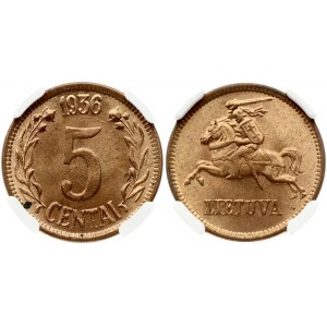 Lithuania 5 Centai 1936 Obverse: National arms. Lettering: LIETUVA. Reverse: Large value within wreath; date on top...