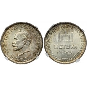 Lithuania 10 Litų (1918-1938) 20th Anniversary of Republic. Obverse: Columns of Gediminas. Lettering...